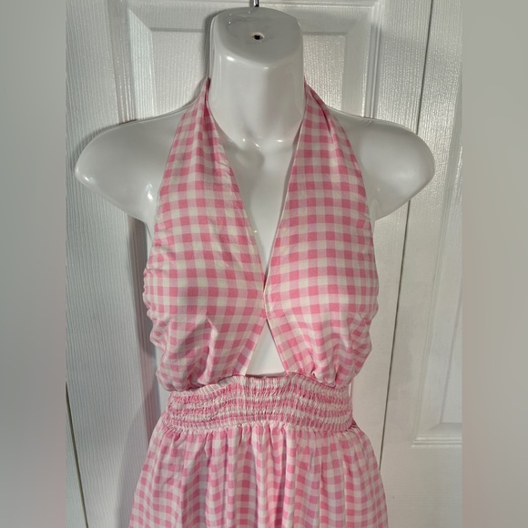 Zesica Summer Crossover Halter Neck Plaid Smock Cutout Backless Flowy Maxi Dress - Picture 5 of 12